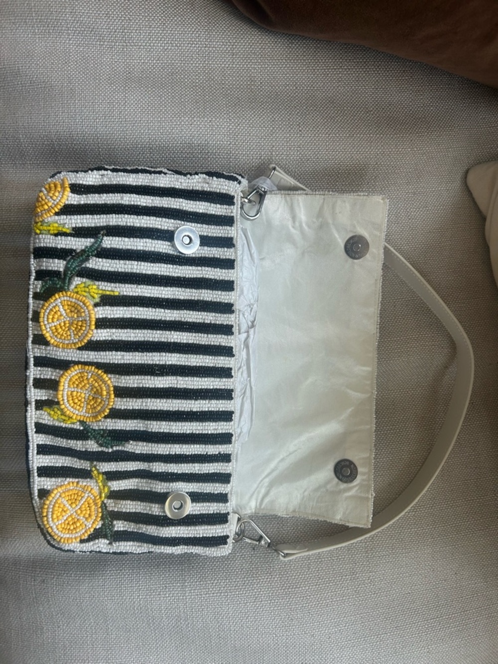 Viral Beaded Lemon Stripe Shoulder Bag - White/Black/Yellow - Picture 6 of 8